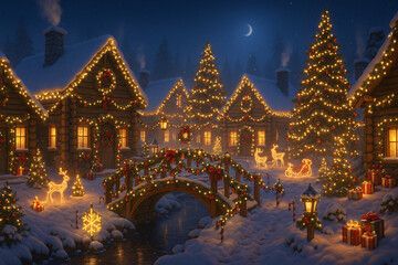 Magical Christmas Log Cabin Village at Night with Festive Lights and Snowy Decorations