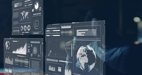 Navigating data analyst wearing dark jacket manipulating clear HUD panels in control room, 3D globe