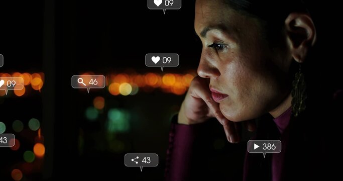 Sitting adult woman coat earring, gazing out window night with social icons, city bokeh, copy space - Powered by Adobe