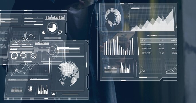 Floating transparent HUD panels dominating analytics lab, analyst in dark jacket holding tablet