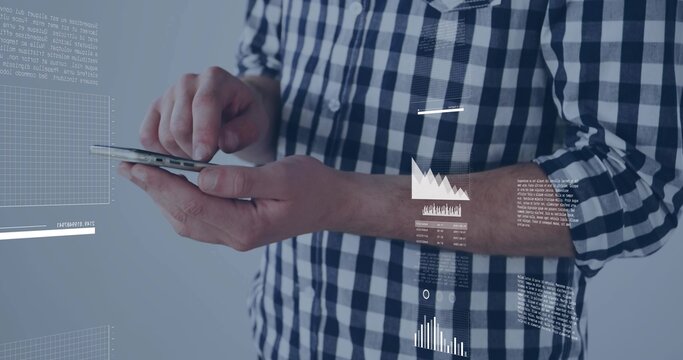 Tapping adult male wearing blue white checkered shirt using smartphone in studio, with HUD overlays