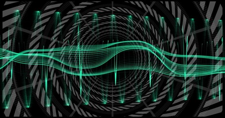 Fototapeta premium Pulsing glowing teal dotted waveform stretching across virtual tunnel, with vertical spike lines