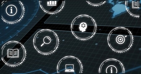 Floating translucent HUD icons hovering over dark 3D grid, showing magnifying glass, globe