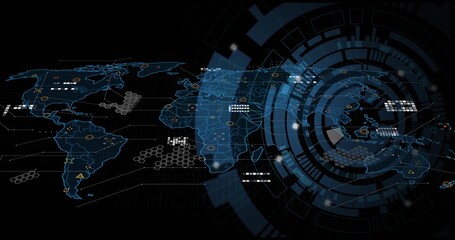 Displaying digital world map wireframe with circular HUD on black background, showing glowing nodes
