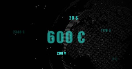 Displaying teal 600 £ dominating digital dashboard, showing dotted globe and currency labels