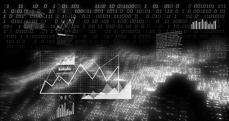 Displaying central translucent data panel in cyberspace, showing white line chart binary streams