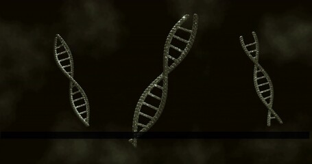 Displaying three metallic DNA helices floating in smoky void, with black bar and highlights