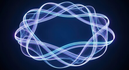 Abstract glowing blue and purple toroidal energy vortex with intricate interwoven strands against a dark background representing complex systems or cosmic phenomena