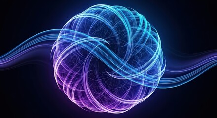 Vibrant neon energy vortex swirls with intertwined light trails against a dark background
