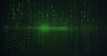 Lighting central green flare revealing binary streams over dark data grid with lens streaks, nodes