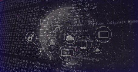 Displaying transparent circular network diagram over dashboard, with laptop phone cloud gear icons