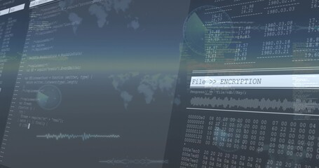 Displaying cyber dashboard showing File  ENCRYPTION header on monitor with hex dump