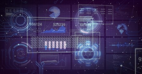 Rendering glowing HUD panels streaming numeric data and charts over dark grid, illuminated matrix