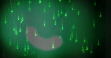 Cascading columns of glowing green binary streaming across screen with pale blur, scanline vignette