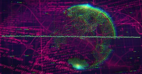 Spinning neon point-cloud globe showing data on virtual dashboard, with waveform and grid overlays