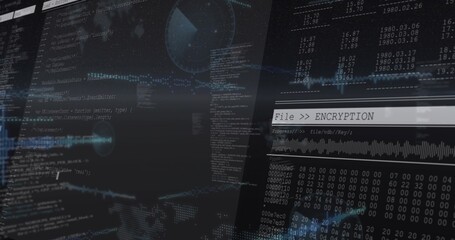 Displaying overlaid UI running on digital console, showing ENCRYPTION panel, hex, waveform, radar