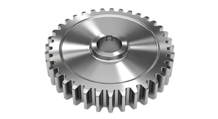 Detailed metallic gear, central hub and teeth, cutout, PNG isolated on white or transparent background