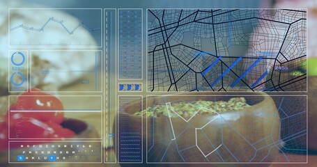 Displaying translucent HUD spanning tabletop at kitchen, showing charts, maps, red fruit, seed bowl