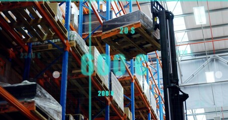 Holding forklift lifting wrapped pallet to top shelf at warehouse, with teal overlays, copy space