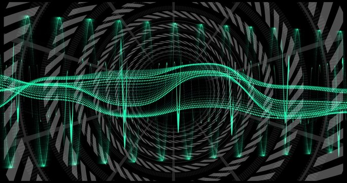 Pulsing glowing teal dotted waveform stretching across virtual tunnel, with vertical spike lines - Powered by Adobe