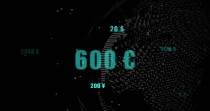 Displaying teal 600 £ dominating digital dashboard, showing dotted globe and currency labels - Powered by Adobe