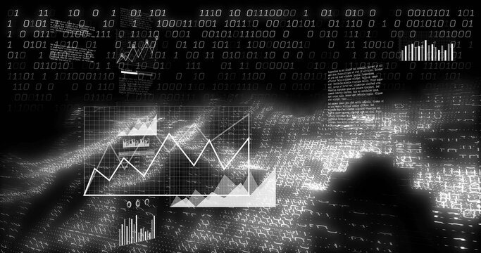 Displaying central translucent data panel in cyberspace, showing white line chart binary streams - Powered by Adobe