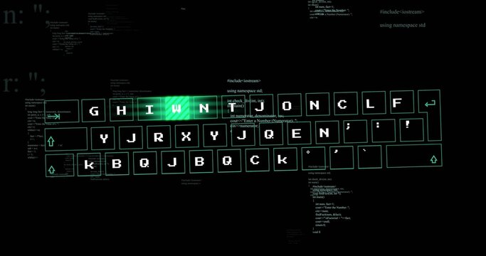 Glowing stylized keyboard showing neon outlines and green backlight in digital canvas, with code - Powered by Adobe
