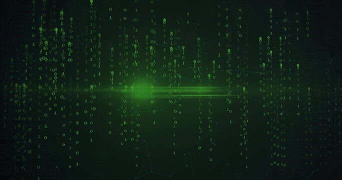 Lighting central green flare revealing binary streams over dark data grid with lens streaks, nodes