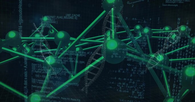 Displaying central molecular network twisting in virtual 3D scene with DNA helix, nodes, rods, code - Powered by Adobe