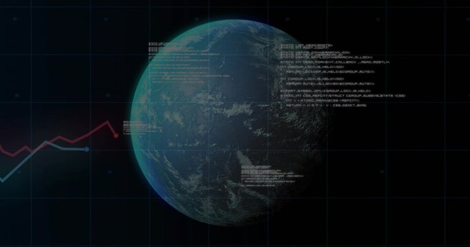 Showing rendered Earth rotating over HUD-grid with stars, displaying code notes and red or blue grap