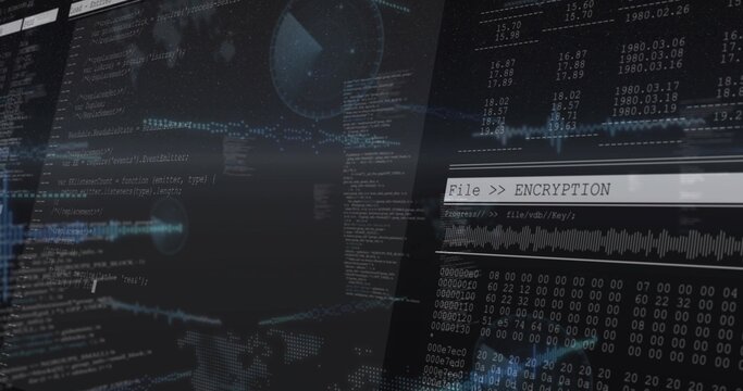 Displaying overlaid UI running on digital console, showing ENCRYPTION panel, hex, waveform, radar
