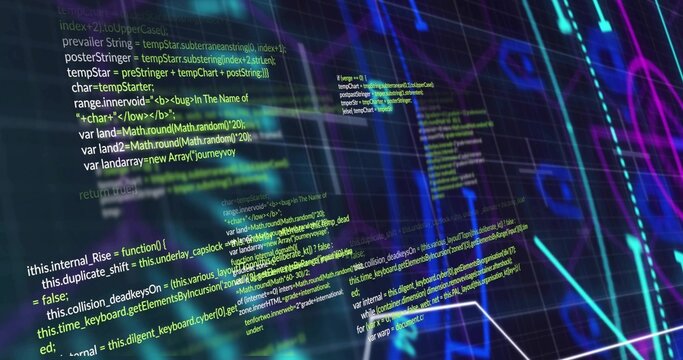 Displaying source code block moving across dark grid in hologram, neon cyan magenta lines - Powered by Adobe
