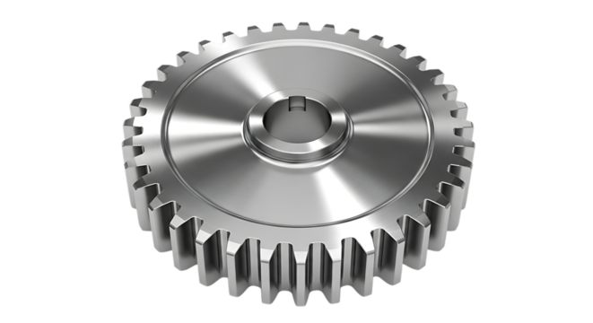 Detailed metallic gear, central hub and teeth, cutout, PNG isolated on white or transparent background