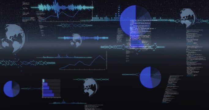 Displaying digital HUD dashboard on dark monitor, showing globe icons, waveforms, bar chart, code - Powered by Adobe