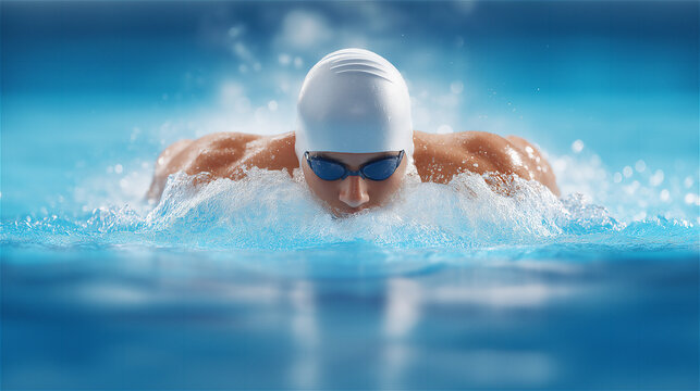 Swimmer in white cap performing breaststroke in clear blue water, showing focus, athletic strength and competitive energy in a dynamic sports environment.