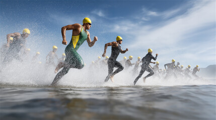 Group of athletes running through shallow water on beach, expressing team energy, endurance, motion and outdoor adventure during dynamic fitness activity.