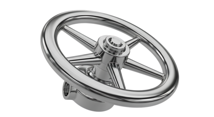 Polished chrome industrial valve wheel, spokes and central hub, cutout, PNG isolated on white or transparent background
