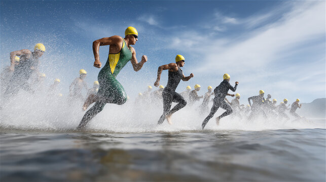 Group of athletes running through shallow water on beach, expressing team energy, endurance, motion and outdoor adventure during dynamic fitness activity. - Powered by Adobe