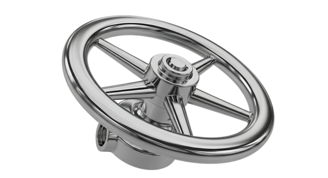 Polished chrome industrial valve wheel, spokes and central hub, cutout, PNG isolated on white or transparent background