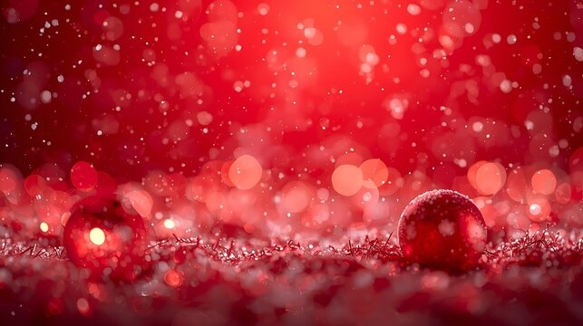 Sparkling red holiday background with elegant glass baubles, shimmering glitter, and soft falling snowflakes, evoking warmth and festive cheer for seasonal celebrations