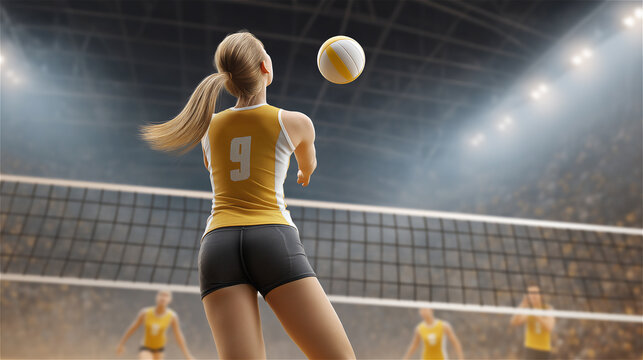 Female volleyball player jumping to hit the ball during indoor match, showing athletic power, teamwork and competitive sports performance.