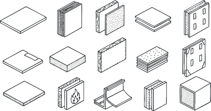 A collection of construction and insulation panels in flat modern vector style, suitable for architectural design and engineering projects