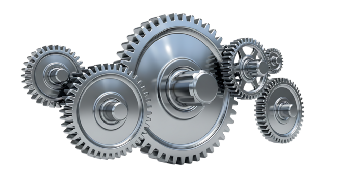 Interlocking metallic gears, various sizes arranged in a mechanical assembly, cutout, PNG isolated on white or transparent background - Powered by Adobe