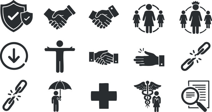 A collection of business and health icons featuring handshake, teamwork, medical symbols, and community figures in black and white vector style, perfect for corporate branding and health services