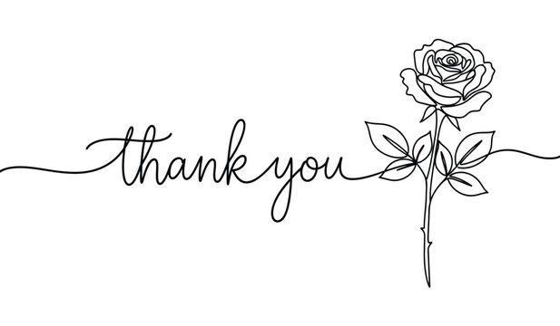 Elegant thank you script with rose flower illustration in continuous line style expressing gratitude and appreciation in a minimalist silhouette design silhouette