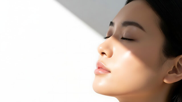 Young woman basking in golden sunlight, eyes closed in serene meditation, showcasing radiant and healthy skin illuminated by a perfect sunbeam - Powered by Adobe