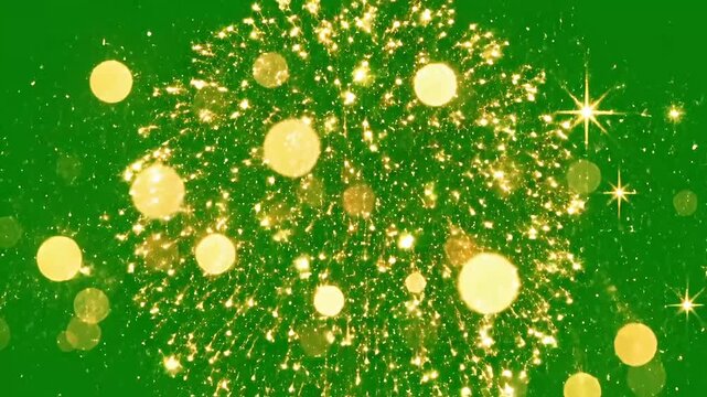 Spectacular golden fireworks exploding against a vibrant green backdrop create a celebratory atmosphere perfect for events and festive occasions