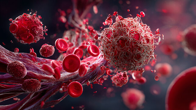 High-detail 3D illustration of a large, abnormal cancerous cell dividing and spreading in the bloodstream. (AI Generated)