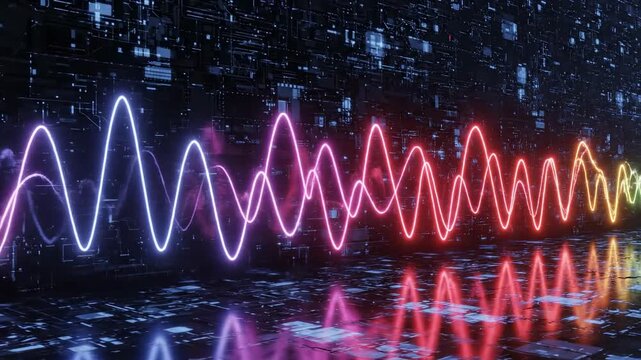 Seamlessly looping digital animation of electromagnetic light frequencies propagating as smooth sinusoidal waves across a technological dark background transmission, network, science