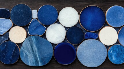 Overhead shot of a collection of blue and white decorative objects with gold rims arranged on a dark wooden surface.